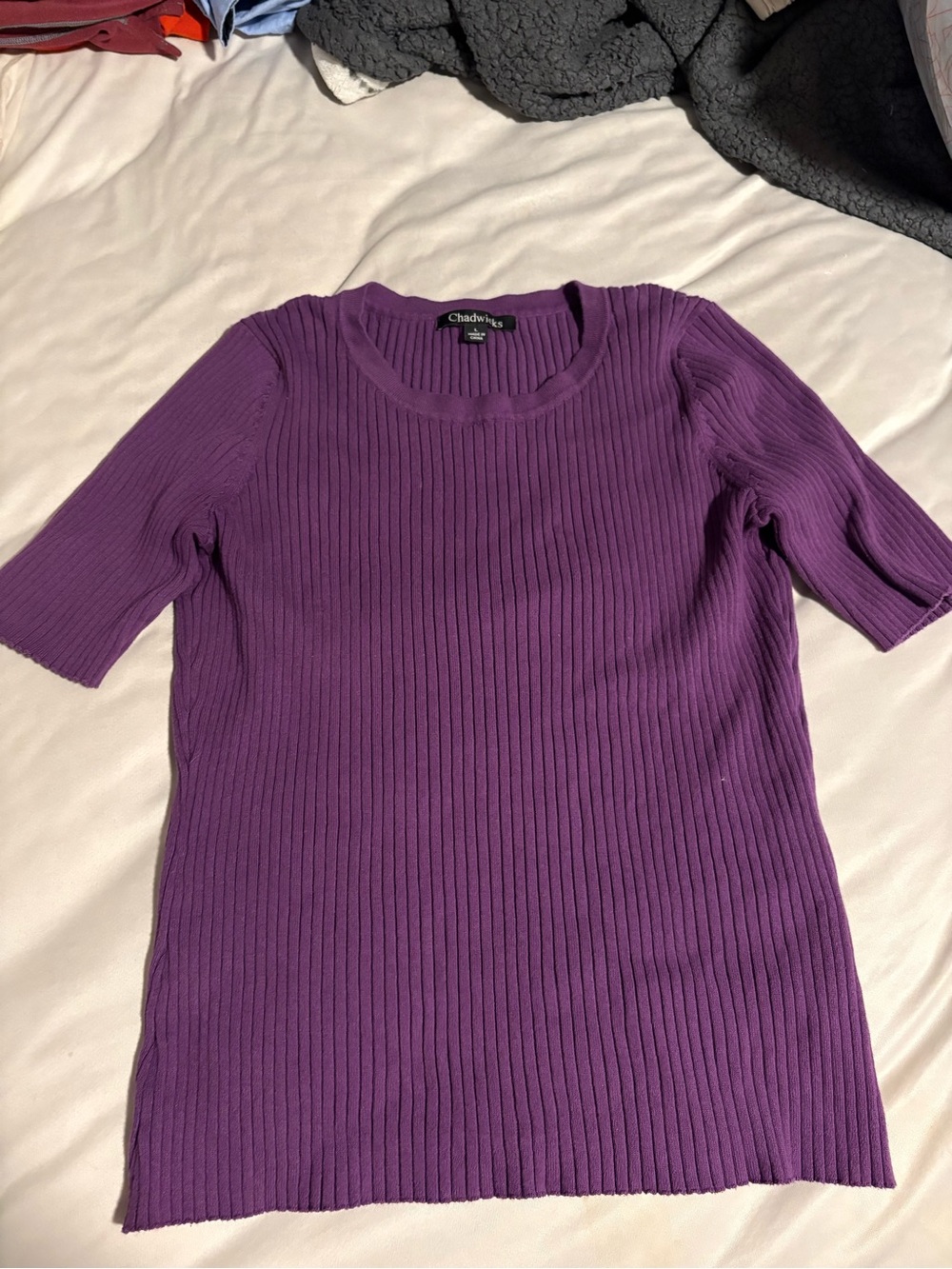 Chadwicks Purple Ribbed Short Sleeve Knit Top